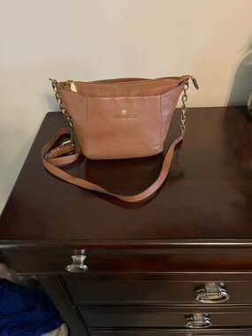 Vince Camuto Pebble Leather Crossbody Bag with Chain Detail - Cognac